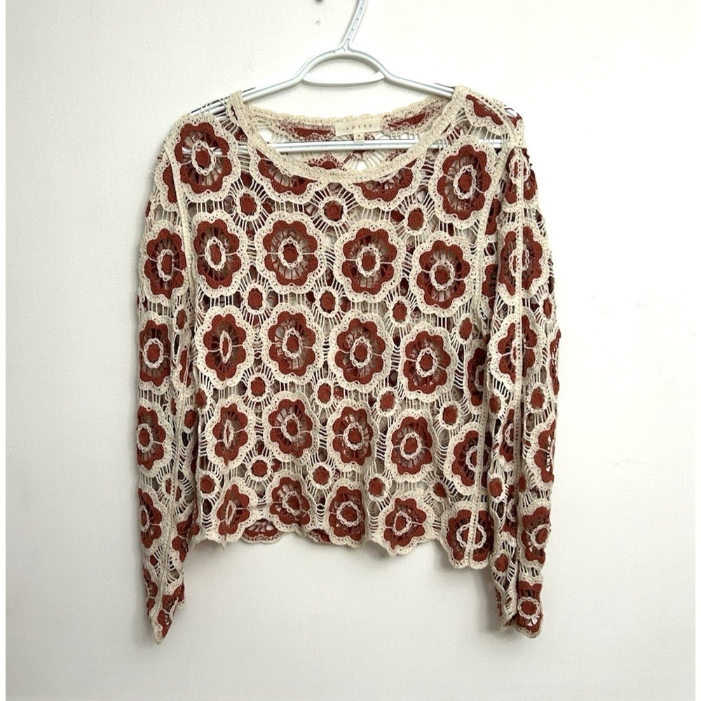 Adiva Crochet Top Sz M Pink Ivory Floral Sheer Open Weave Cover Up Boho Beach
